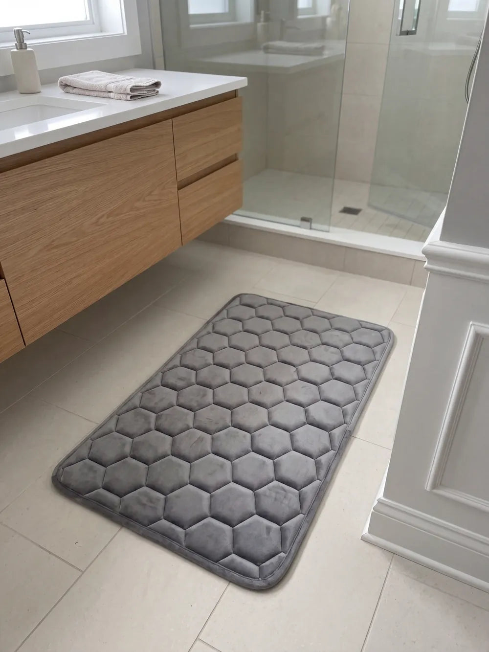 Le tapis La Roche Gris Roche dans une salle de bain
