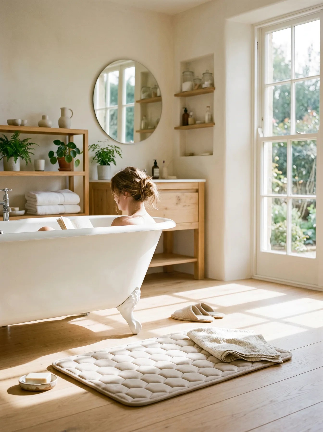 Le tapis La Roche Beige Clair dans une salle de bain