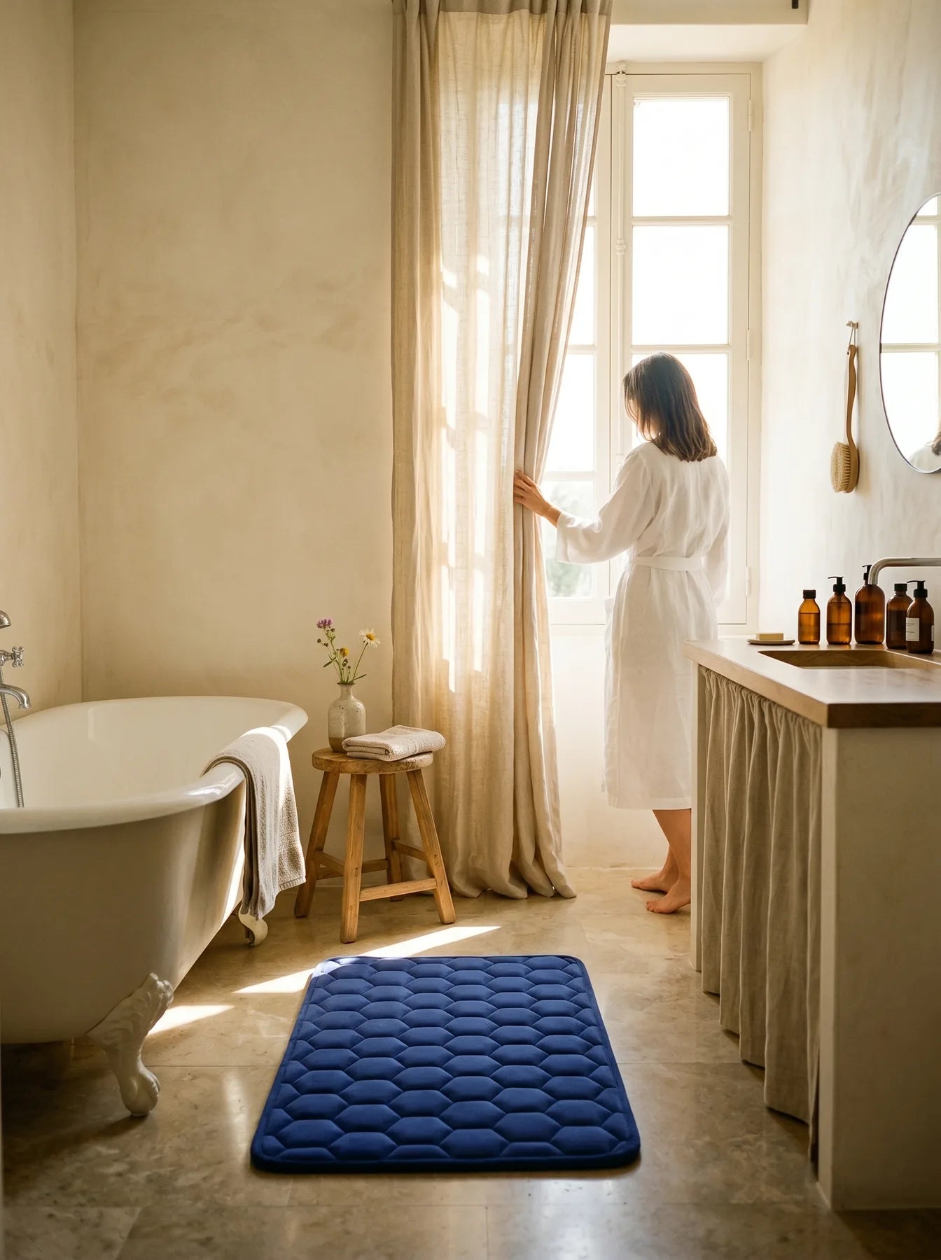 Le tapis La Roche Bleu Marin dans une troisième scène de salle de bain
