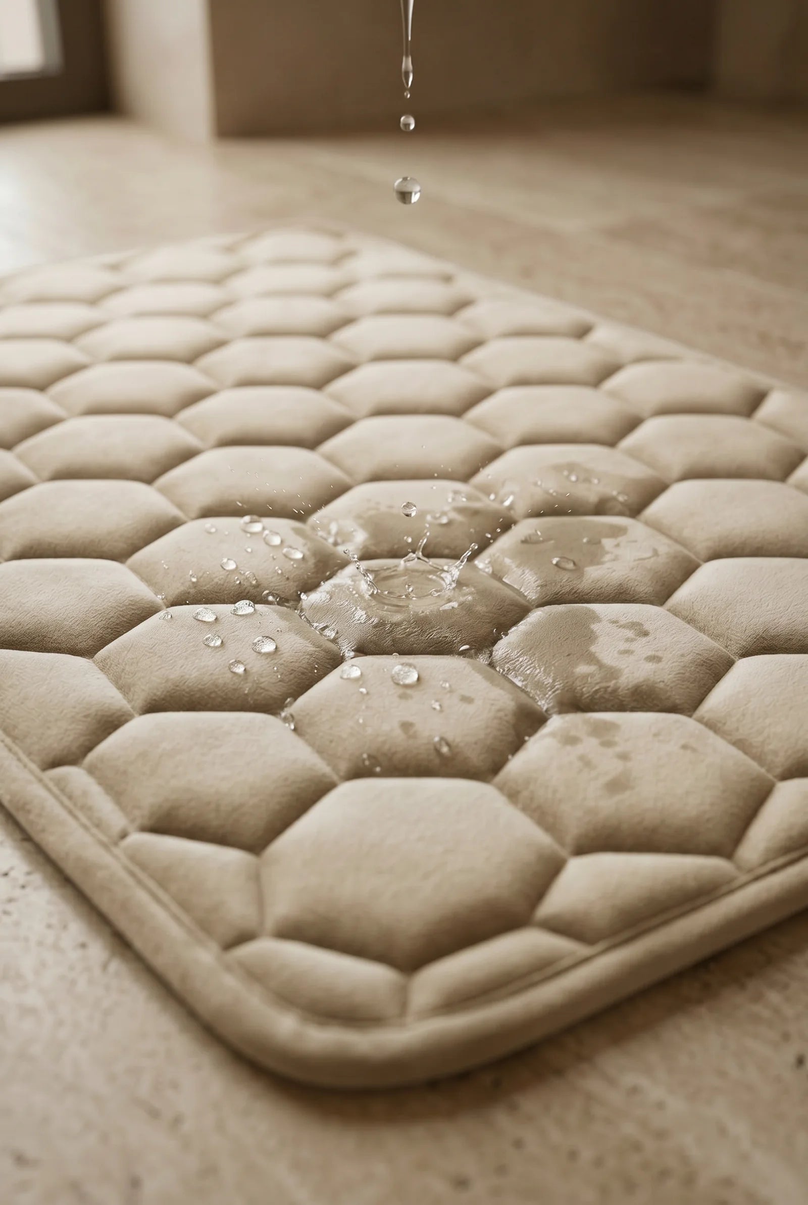 Des gouttes d’eau absorbées par la surface moelleuse du tapis La Roche